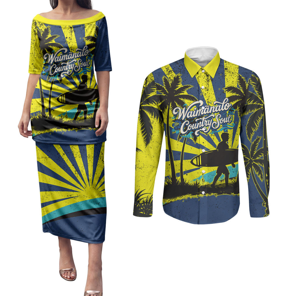 Waimanalo Oahu Hawaii Surfing Couples Matching Puletasi and Long Sleeve Button Shirt Tropical Beach Retro Sunburst Surfboard TS04 Yellow Blue - Polynesian Pride