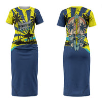 Waimanalo Oahu Hawaii Surfing Couples Matching Short Sleeve Bodycon Dress and Long Sleeve Button Shirt Tropical Beach Retro Sunburst Surfboard TS04 - Polynesian Pride