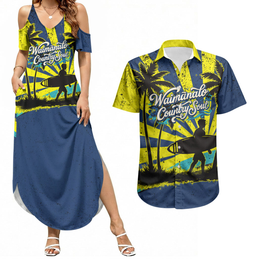 Waimanalo Oahu Hawaii Surfing Couples Matching Summer Maxi Dress and Hawaiian Shirt Tropical Beach Retro Sunburst Surfboard TS04 Yellow Blue - Polynesian Pride