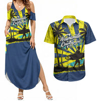 Waimanalo Oahu Hawaii Surfing Couples Matching Summer Maxi Dress and Hawaiian Shirt Tropical Beach Retro Sunburst Surfboard TS04 Yellow Blue - Polynesian Pride