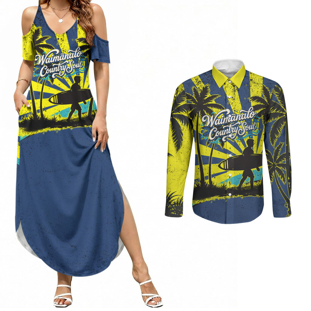 Waimanalo Oahu Hawaii Surfing Couples Matching Summer Maxi Dress and Long Sleeve Button Shirt Tropical Beach Retro Sunburst Surfboard TS04 Yellow Blue - Polynesian Pride