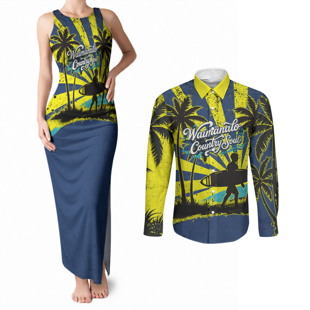 Waimanalo Oahu Hawaii Surfing Couples Matching Tank Maxi Dress and Long Sleeve Button Shirt Tropical Beach Retro Sunburst Surfboard TS04 Yellow Blue - Polynesian Pride