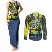 Waimanalo Oahu Hawaii Surfing Couples Matching Tank Maxi Dress and Long Sleeve Button Shirt Tropical Beach Retro Sunburst Surfboard TS04 Yellow Blue - Polynesian Pride
