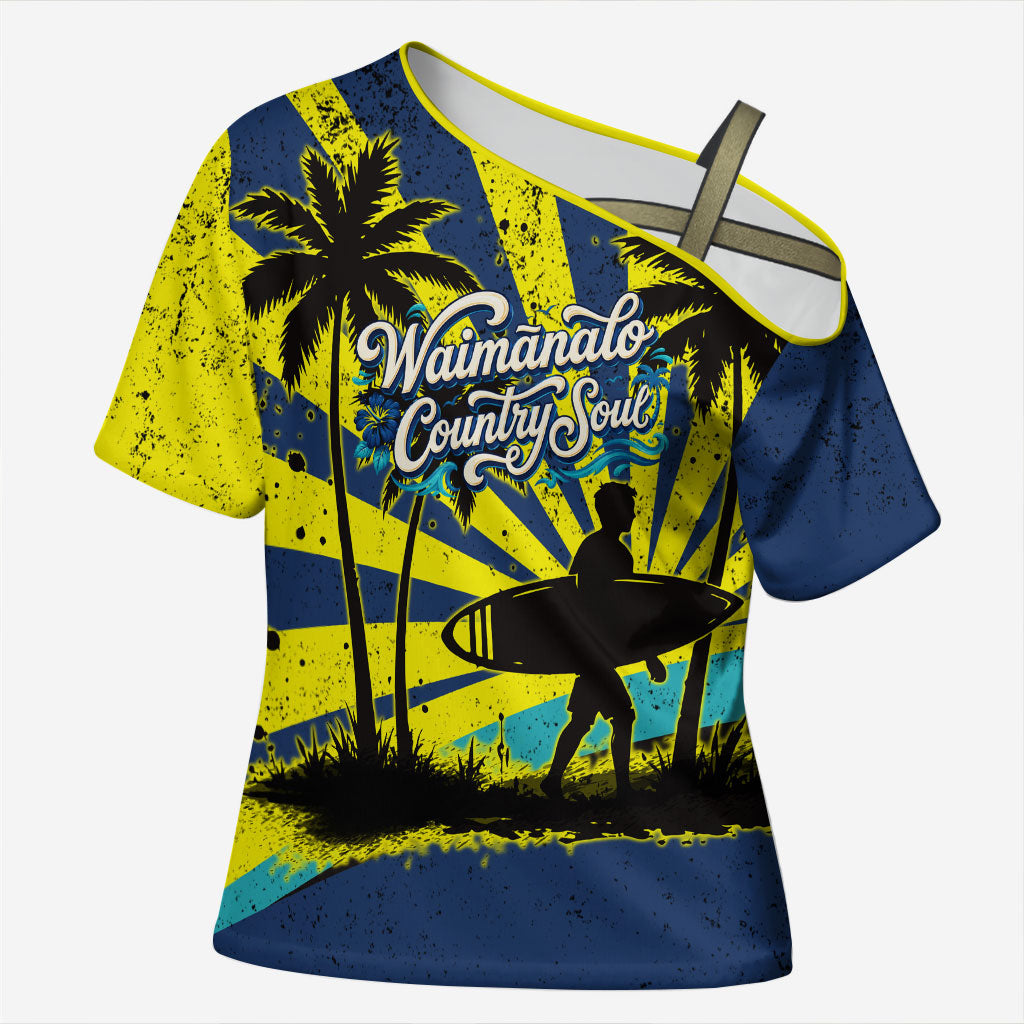 Waimanalo Oahu Hawaii Surfing Cross Shoulder Shirt Tropical Beach Retro Sunburst Surfboard TS04 Female Yellow Blue - Polynesian Pride
