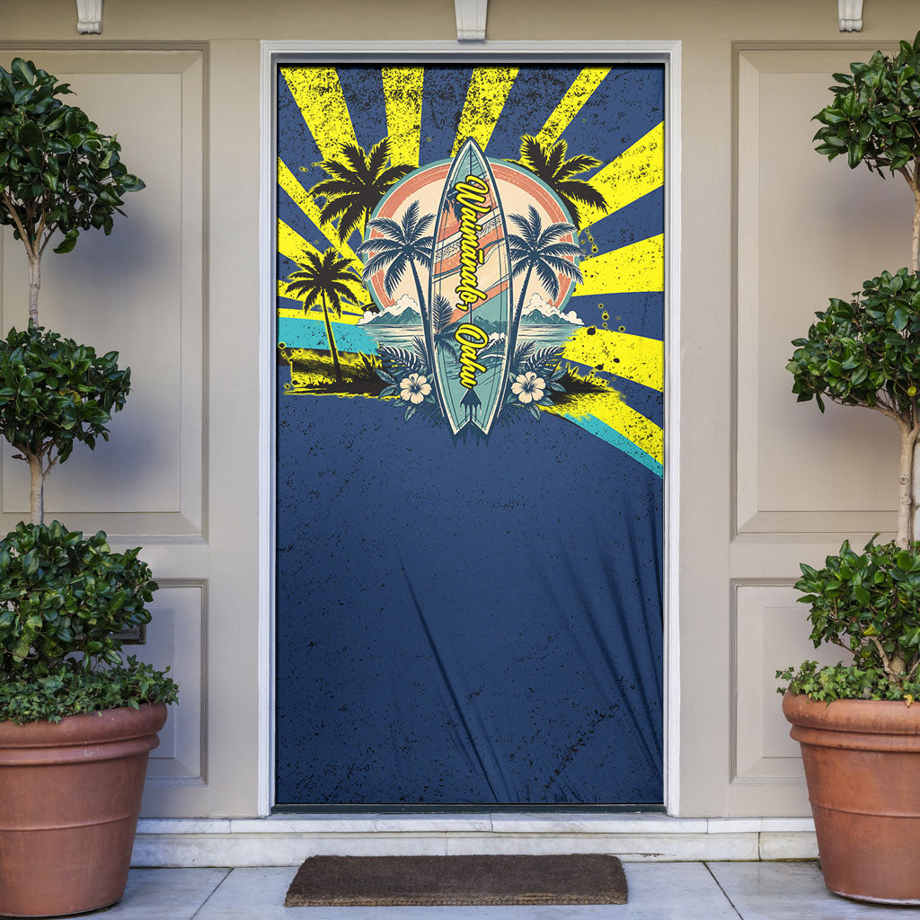 Waimanalo Oahu Hawaii Surfing Door Cover Tropical Beach Retro Sunburst Surfboard TS04 Yellow Blue - Polynesian Pride