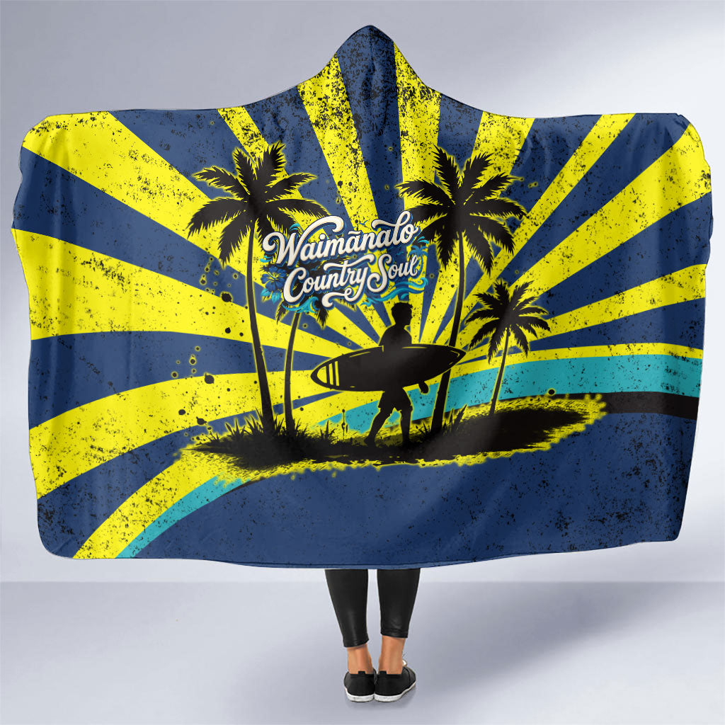 Waimanalo Oahu Hawaii Surfing Hooded Blanket Tropical Beach Retro Sunburst Surfboard TS04 One Size Yellow Blue - Polynesian Pride