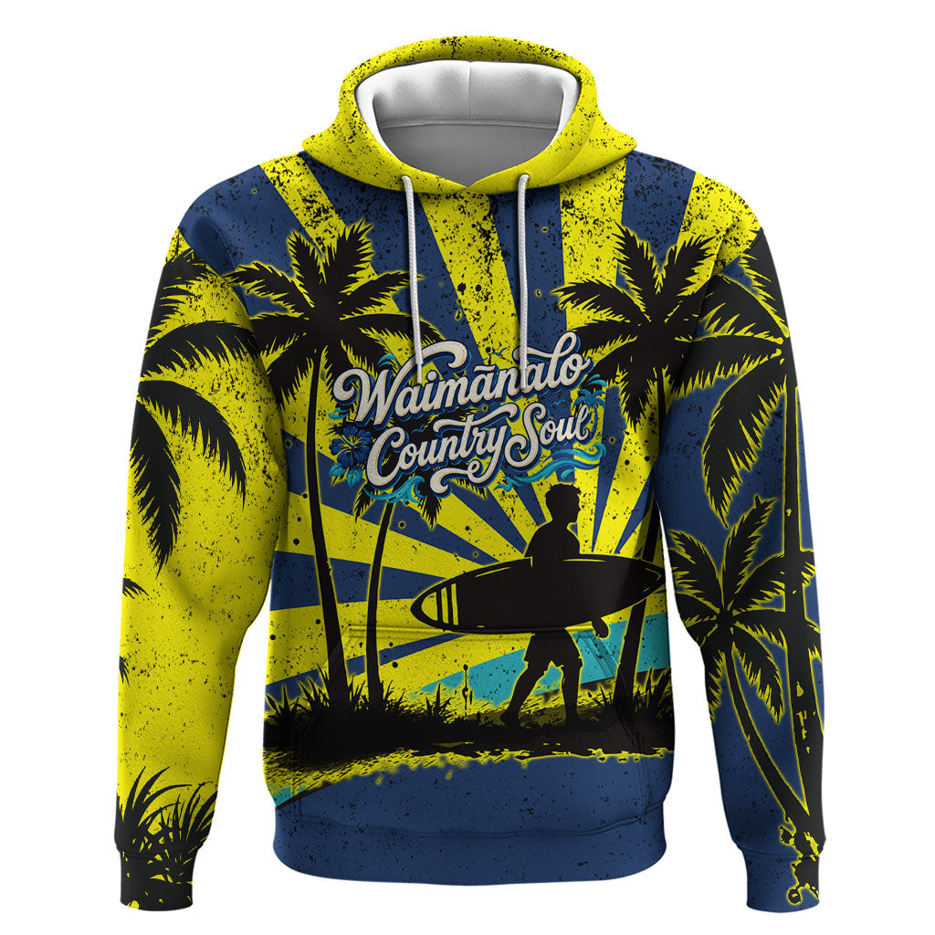 Waimanalo Oahu Hawaii Surfing Hoodie Tropical Beach Retro Sunburst Surfboard TS04 Pullover Hoodie Yellow Blue - Polynesian Pride