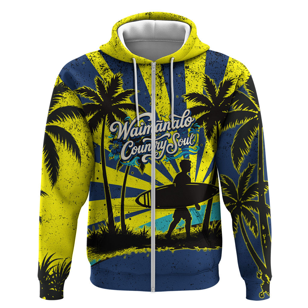 Waimanalo Oahu Hawaii Surfing Hoodie Tropical Beach Retro Sunburst Surfboard TS04 Zip Hoodie Yellow Blue - Polynesian Pride