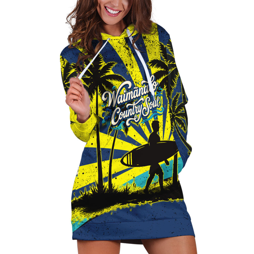 Waimanalo Oahu Hawaii Surfing Hoodie Dress Tropical Beach Retro Sunburst Surfboard TS04 Yellow Blue - Polynesian Pride