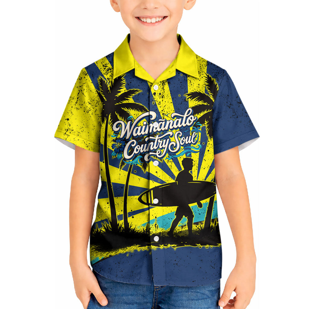 Waimanalo Oahu Hawaii Surfing Kid Hawaiian Shirt Tropical Beach Retro Sunburst Surfboard TS04 Kid Yellow Blue - Polynesian Pride