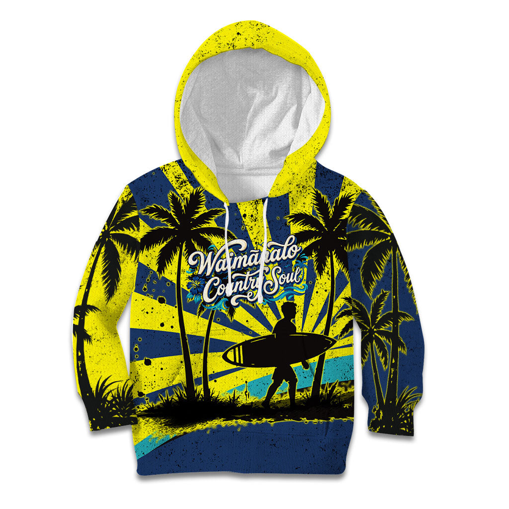Waimanalo Oahu Hawaii Surfing Kid Hoodie Tropical Beach Retro Sunburst Surfboard TS04 Hoodie Yellow Blue - Polynesian Pride