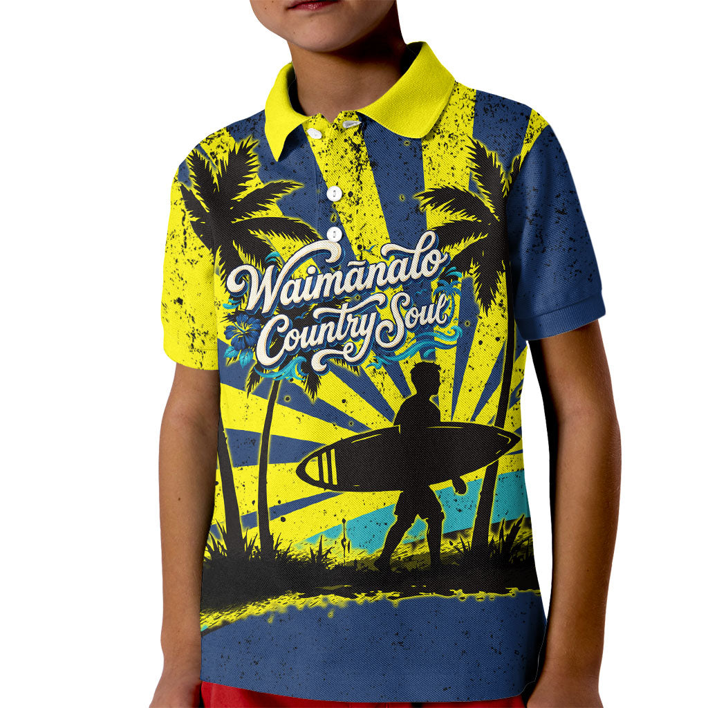 Waimanalo Oahu Hawaii Surfing Kid Polo Shirt Tropical Beach Retro Sunburst Surfboard TS04 Kid Yellow Blue - Polynesian Pride