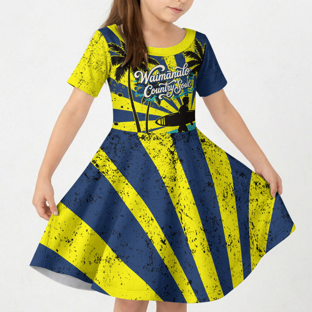 Waimanalo Oahu Hawaii Surfing Kid Short Sleeve Dress Tropical Beach Retro Sunburst Surfboard TS04 KID Yellow Blue - Polynesian Pride