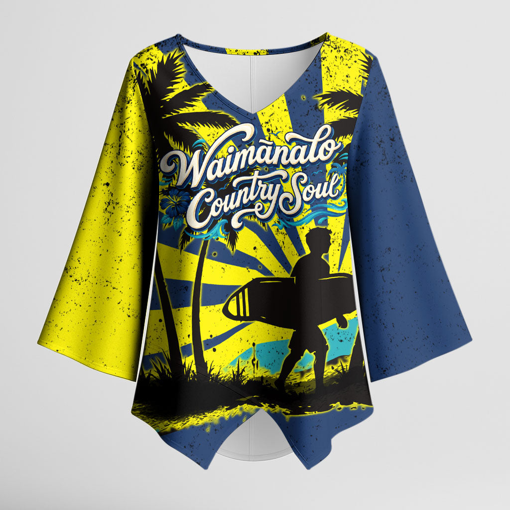 Waimanalo Oahu Hawaii Surfing Kimono Sleeve Blouse Tropical Beach Retro Sunburst Surfboard TS04 Female Yellow Blue - Polynesian Pride
