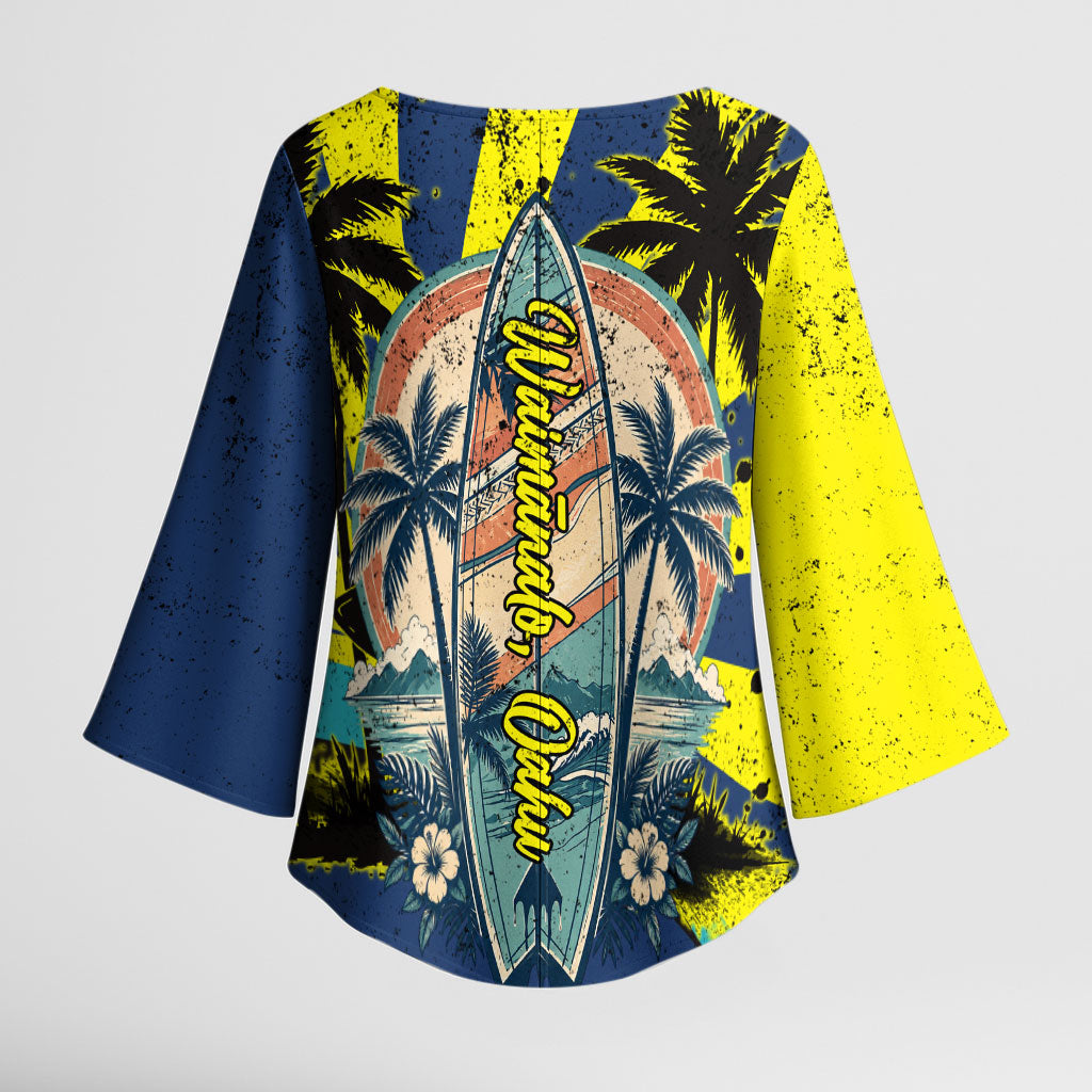 Waimanalo Oahu Hawaii Surfing Kimono Sleeve Blouse Tropical Beach Retro Sunburst Surfboard TS04 - Polynesian Pride