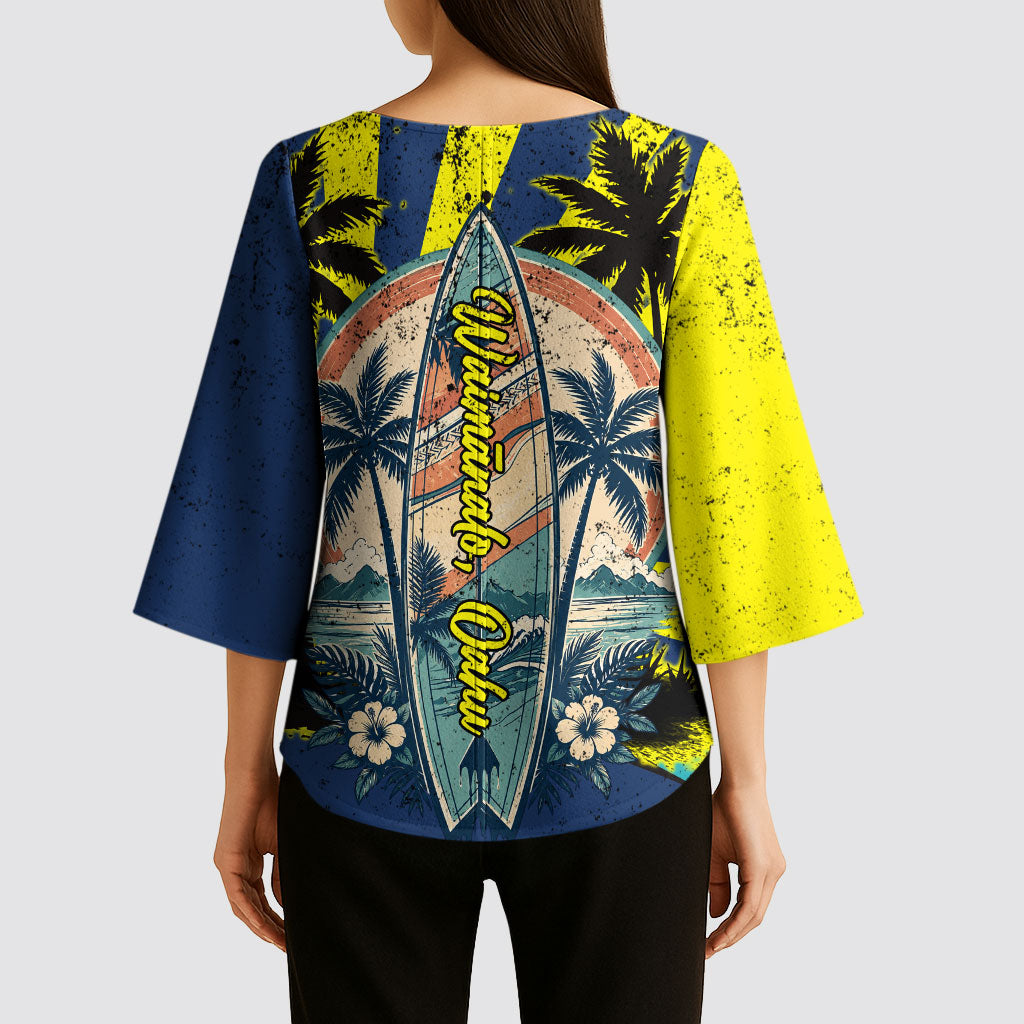 Waimanalo Oahu Hawaii Surfing Kimono Sleeve Blouse Tropical Beach Retro Sunburst Surfboard TS04 - Polynesian Pride