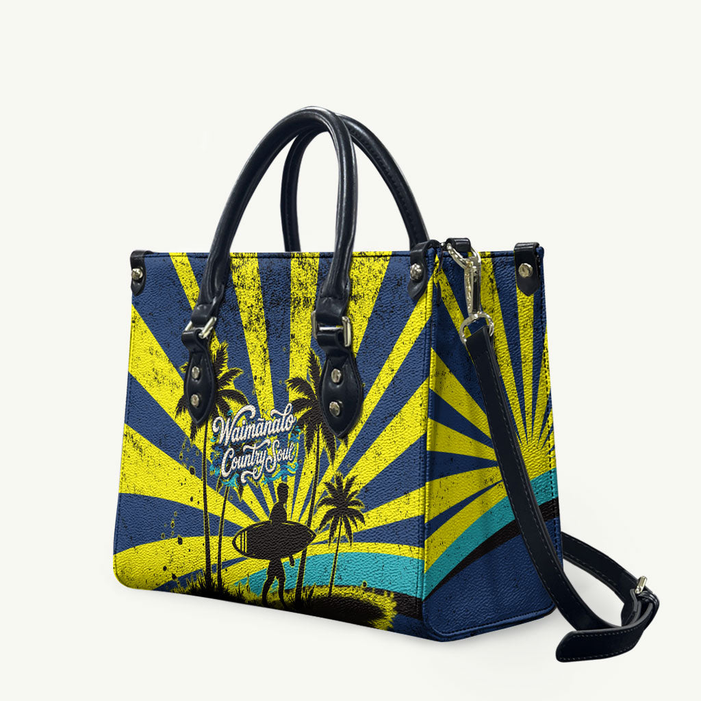 Waimanalo Oahu Hawaii Surfing Leather Bag Tropical Beach Retro Sunburst Surfboard TS04 Yellow Blue - Polynesian Pride