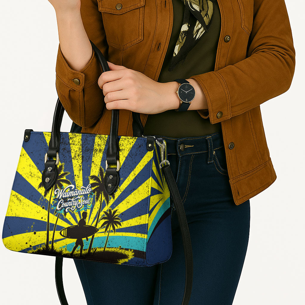 Waimanalo Oahu Hawaii Surfing Leather Bag Tropical Beach Retro Sunburst Surfboard TS04 - Polynesian Pride