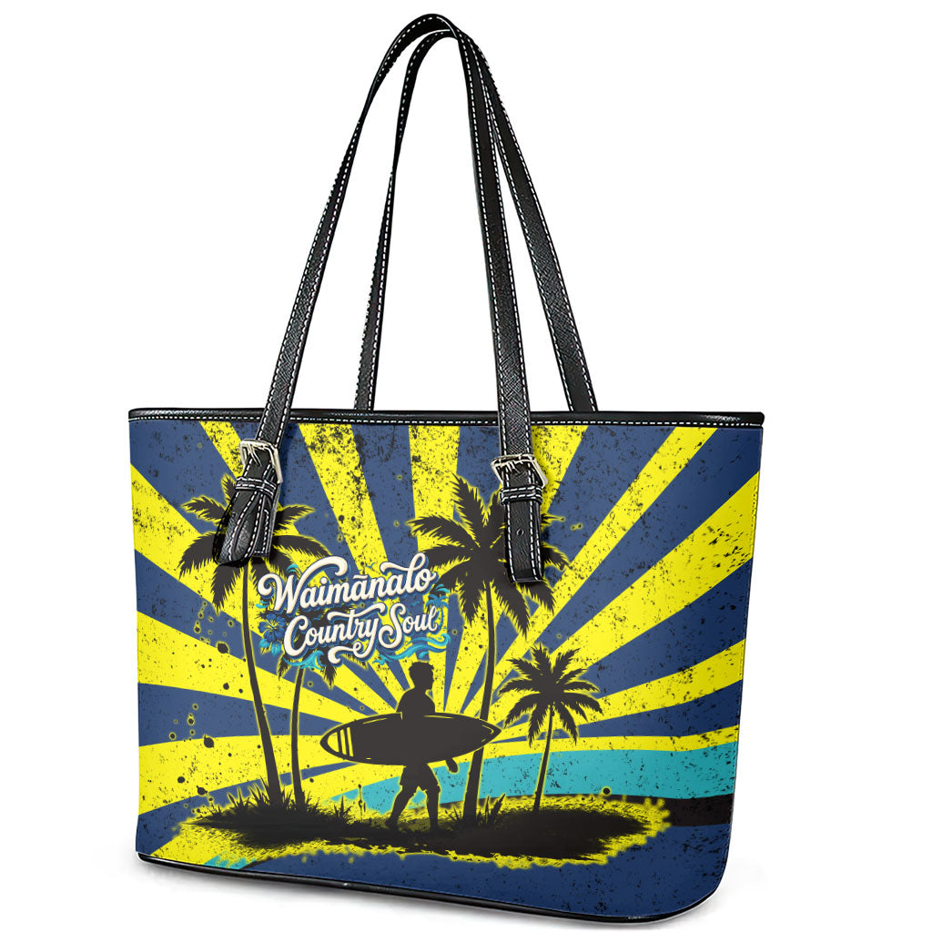 Waimanalo Oahu Hawaii Surfing Leather Tote Bag Tropical Beach Retro Sunburst Surfboard TS04 - Polynesian Pride