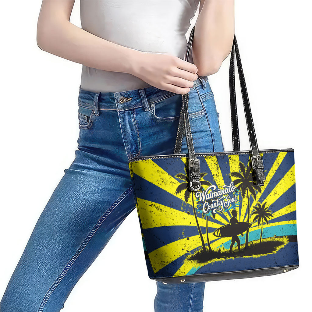 Waimanalo Oahu Hawaii Surfing Leather Tote Bag Tropical Beach Retro Sunburst Surfboard TS04 - Polynesian Pride