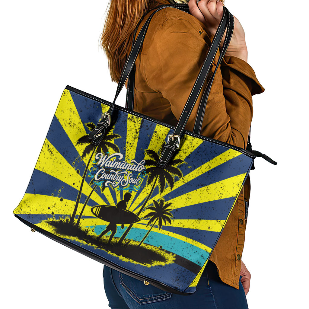 Waimanalo Oahu Hawaii Surfing Leather Tote Bag Tropical Beach Retro Sunburst Surfboard TS04 - Polynesian Pride