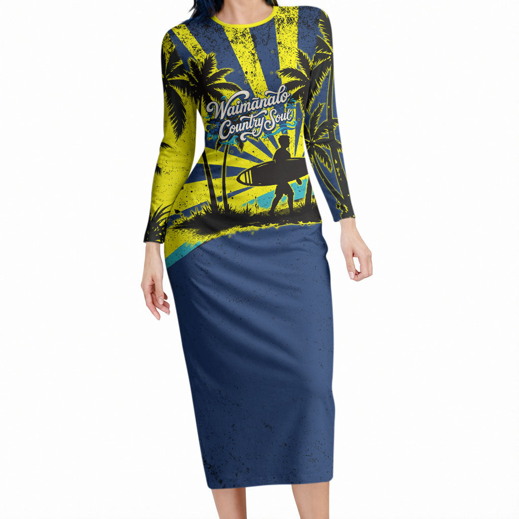 Waimanalo Oahu Hawaii Surfing Long Sleeve Bodycon Dress Tropical Beach Retro Sunburst Surfboard TS04 Long Dress Yellow Blue - Polynesian Pride