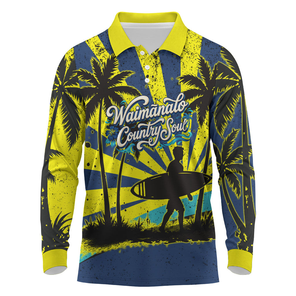 Waimanalo Oahu Hawaii Surfing Long Sleeve Polo Shirt Tropical Beach Retro Sunburst Surfboard TS04 Yellow Blue - Polynesian Pride