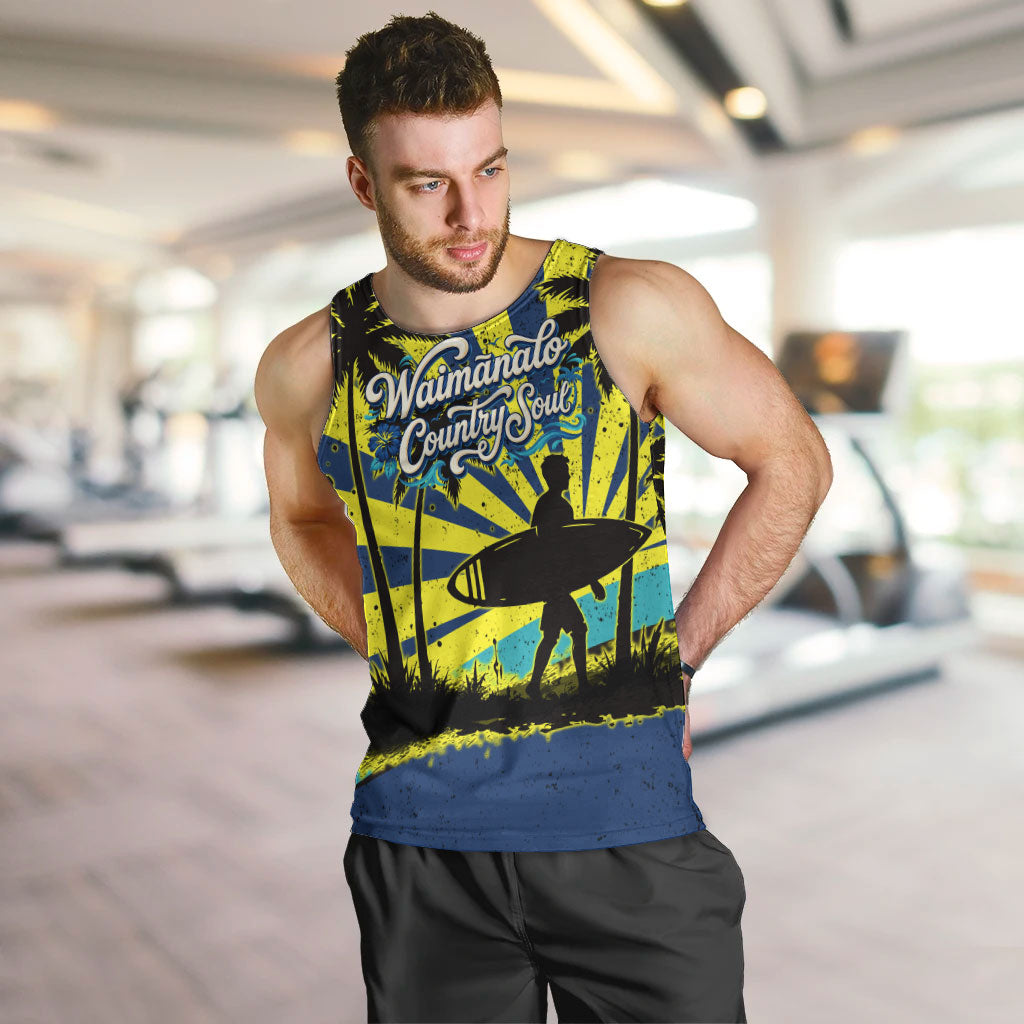 Waimanalo Oahu Hawaii Surfing Men Tank Top Tropical Beach Retro Sunburst Surfboard TS04 Yellow Blue - Polynesian Pride