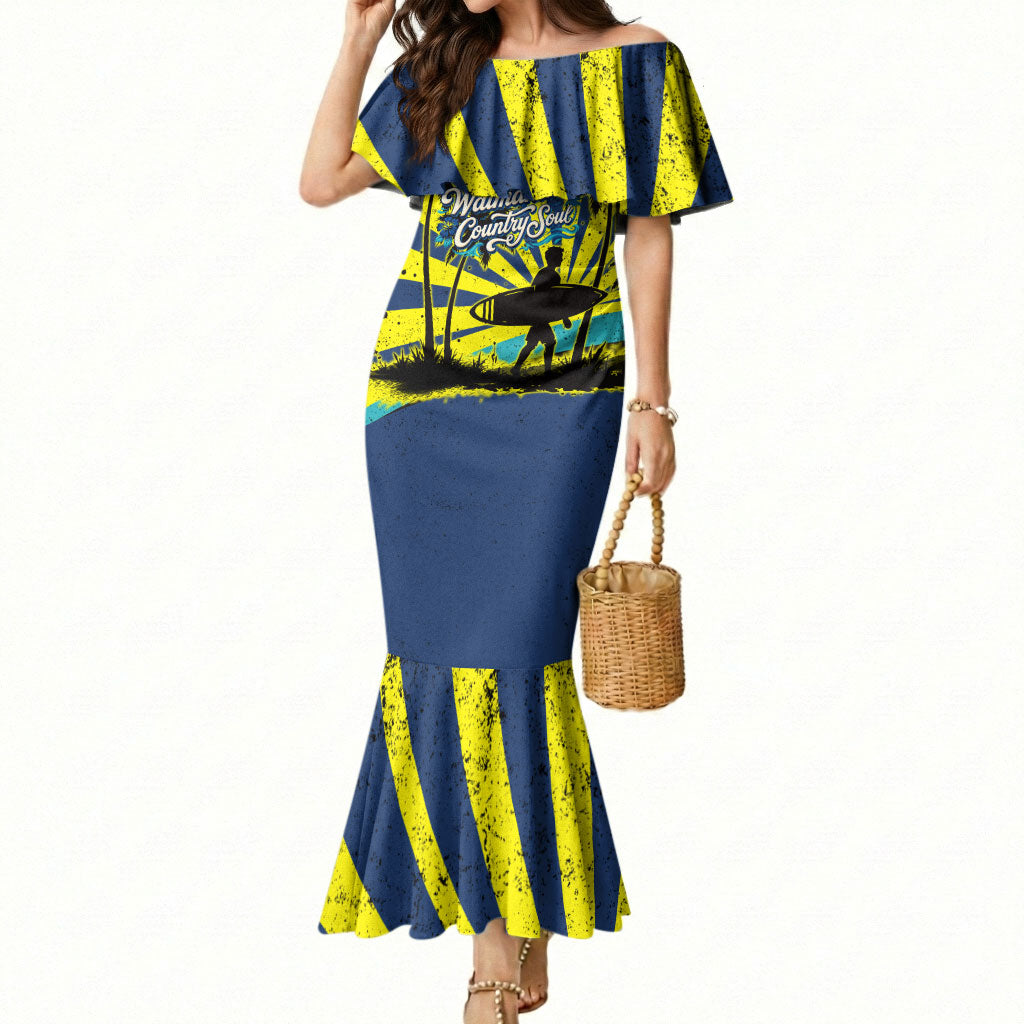 Waimanalo Oahu Hawaii Surfing Mermaid Dress Tropical Beach Retro Sunburst Surfboard TS04 Women Yellow Blue - Polynesian Pride