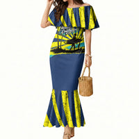 Waimanalo Oahu Hawaii Surfing Mermaid Dress Tropical Beach Retro Sunburst Surfboard TS04 Women Yellow Blue - Polynesian Pride
