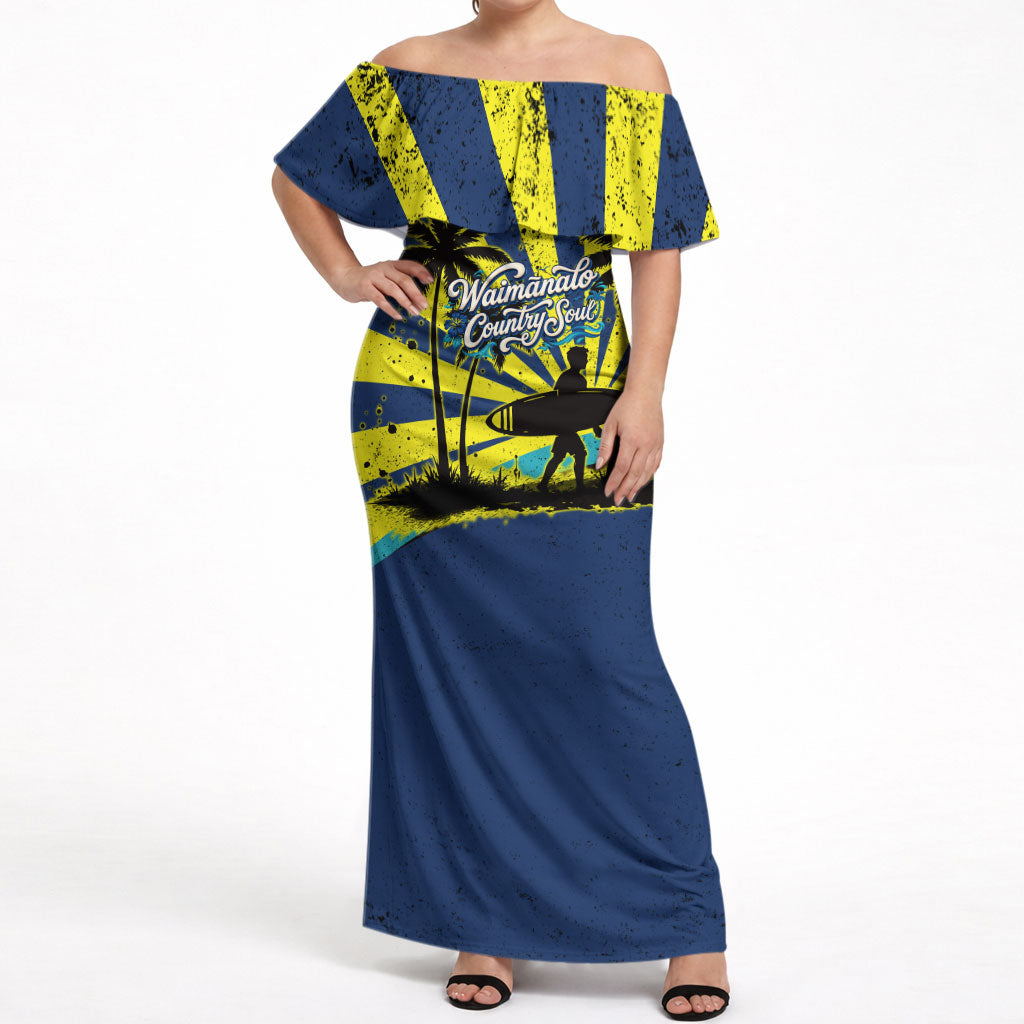 Waimanalo Oahu Hawaii Surfing Off Shoulder Maxi Dress Tropical Beach Retro Sunburst Surfboard TS04 Women Yellow Blue - Polynesian Pride