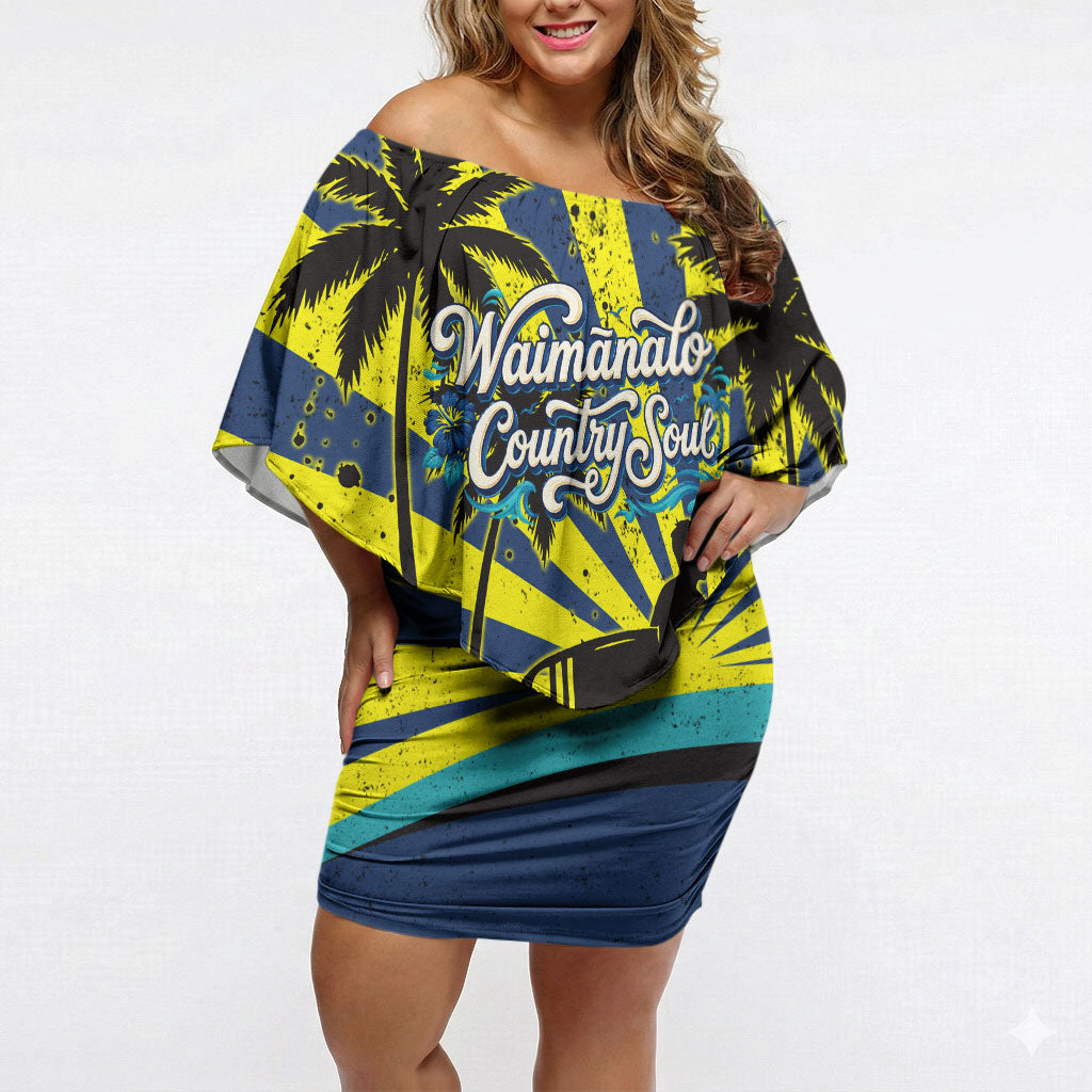 Waimanalo Oahu Hawaii Surfing Off Shoulder Short Dress Tropical Beach Retro Sunburst Surfboard TS04 Women Yellow Blue - Polynesian Pride