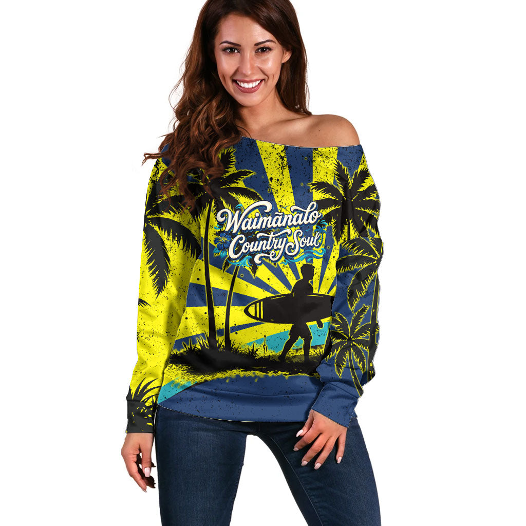 Waimanalo Oahu Hawaii Surfing Off Shoulder Sweater Tropical Beach Retro Sunburst Surfboard TS04 Women Yellow Blue - Polynesian Pride