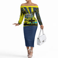 Waimanalo Oahu Hawaii Surfing Off The Shoulder Long Sleeve Dress Tropical Beach Retro Sunburst Surfboard TS04 Women Yellow Blue - Polynesian Pride