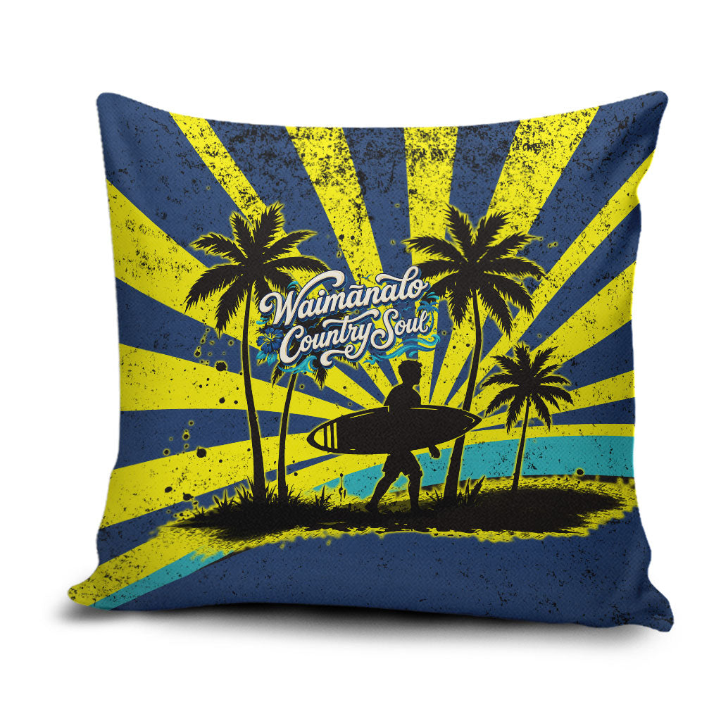 Waimanalo Oahu Hawaii Surfing Pillow Cover Tropical Beach Retro Sunburst Surfboard TS04 Yellow Blue - Polynesian Pride