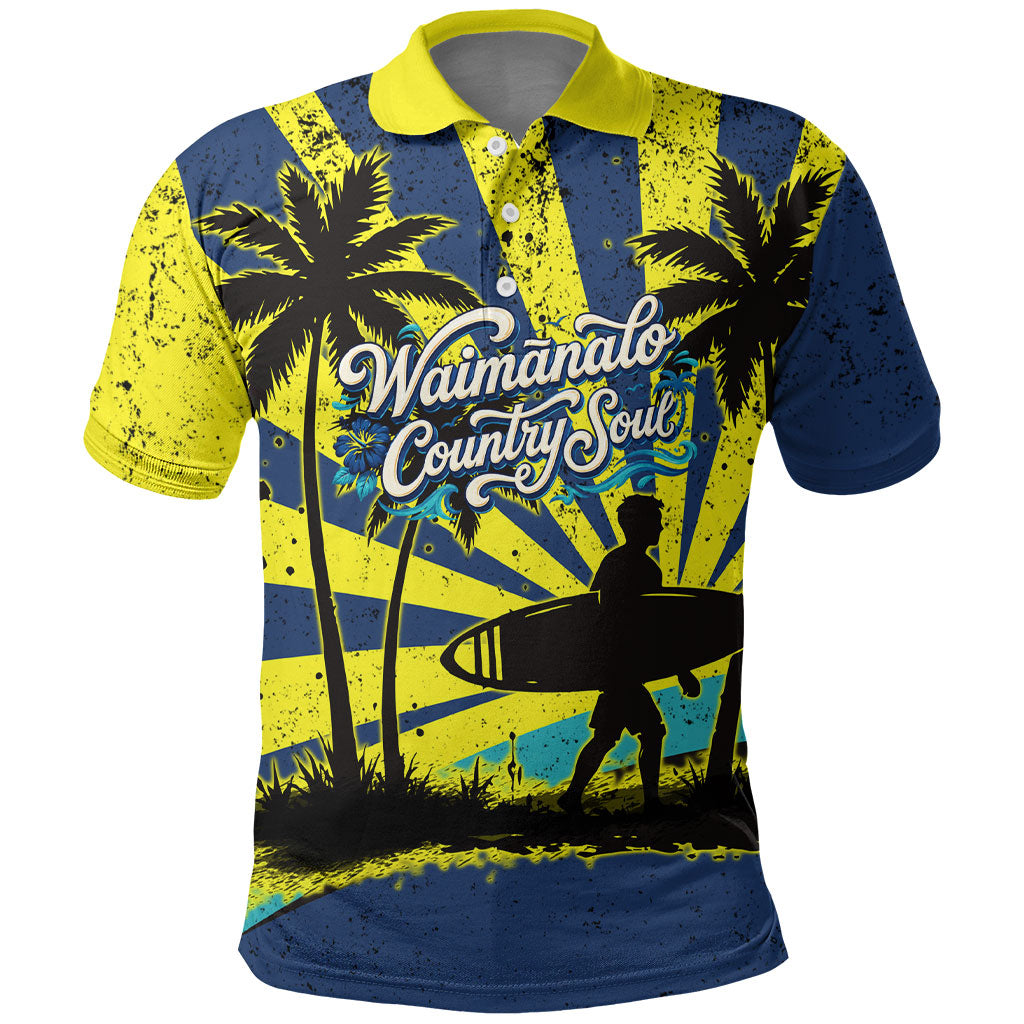 Waimanalo Oahu Hawaii Surfing Polo Shirt Tropical Beach Retro Sunburst Surfboard TS04 Yellow Blue - Polynesian Pride