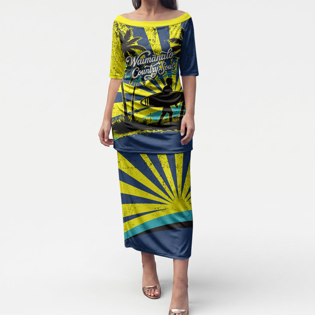 Waimanalo Oahu Hawaii Surfing Puletasi Tropical Beach Retro Sunburst Surfboard TS04 Long Dress Yellow Blue - Polynesian Pride
