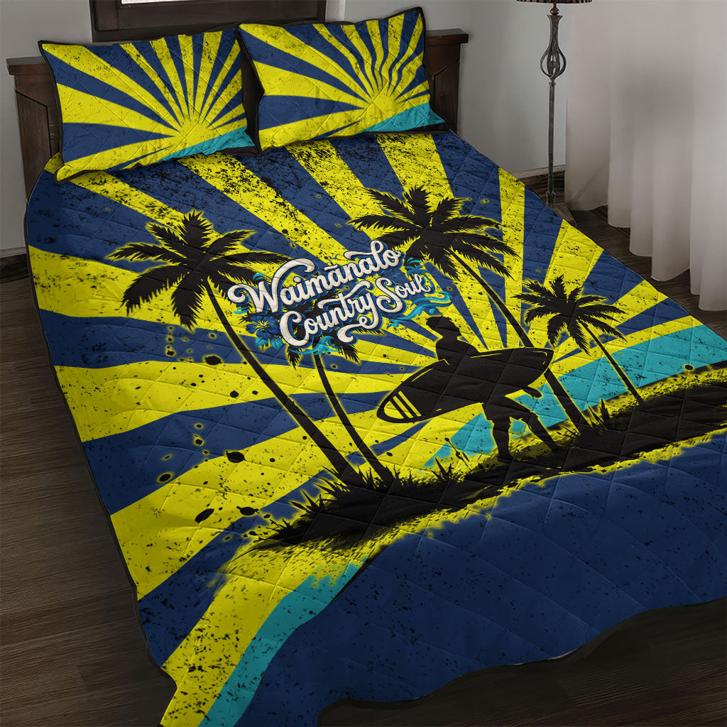 Waimanalo Oahu Hawaii Surfing Quilt Bed Set Tropical Beach Retro Sunburst Surfboard TS04 Yellow Blue - Polynesian Pride