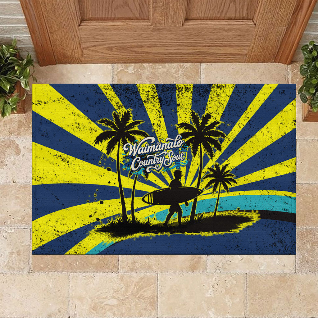 Waimanalo Oahu Hawaii Surfing Rubber Doormat Tropical Beach Retro Sunburst Surfboard TS04 Yellow Blue - Polynesian Pride