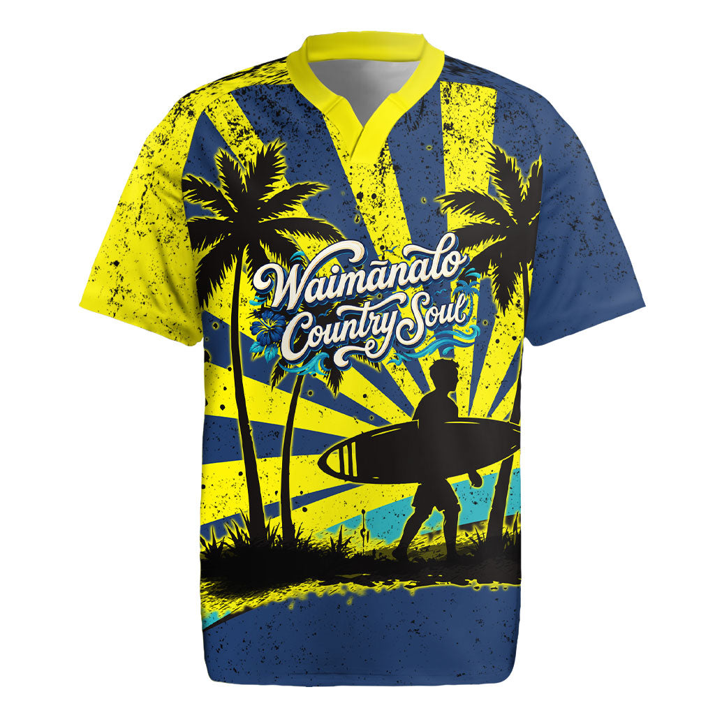 Waimanalo Oahu Hawaii Surfing Rugby Jersey Tropical Beach Retro Sunburst Surfboard TS04 Yellow Blue - Polynesian Pride