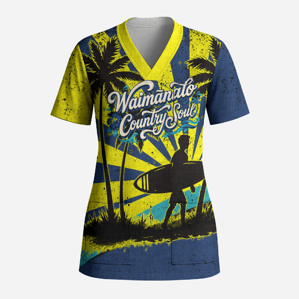 Waimanalo Oahu Hawaii Surfing Scrub Top Tropical Beach Retro Sunburst Surfboard TS04 Adult Yellow Blue - Polynesian Pride