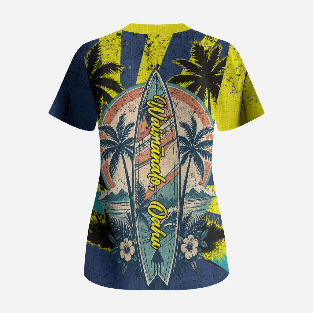 Waimanalo Oahu Hawaii Surfing Scrub Top Tropical Beach Retro Sunburst Surfboard TS04 - Polynesian Pride