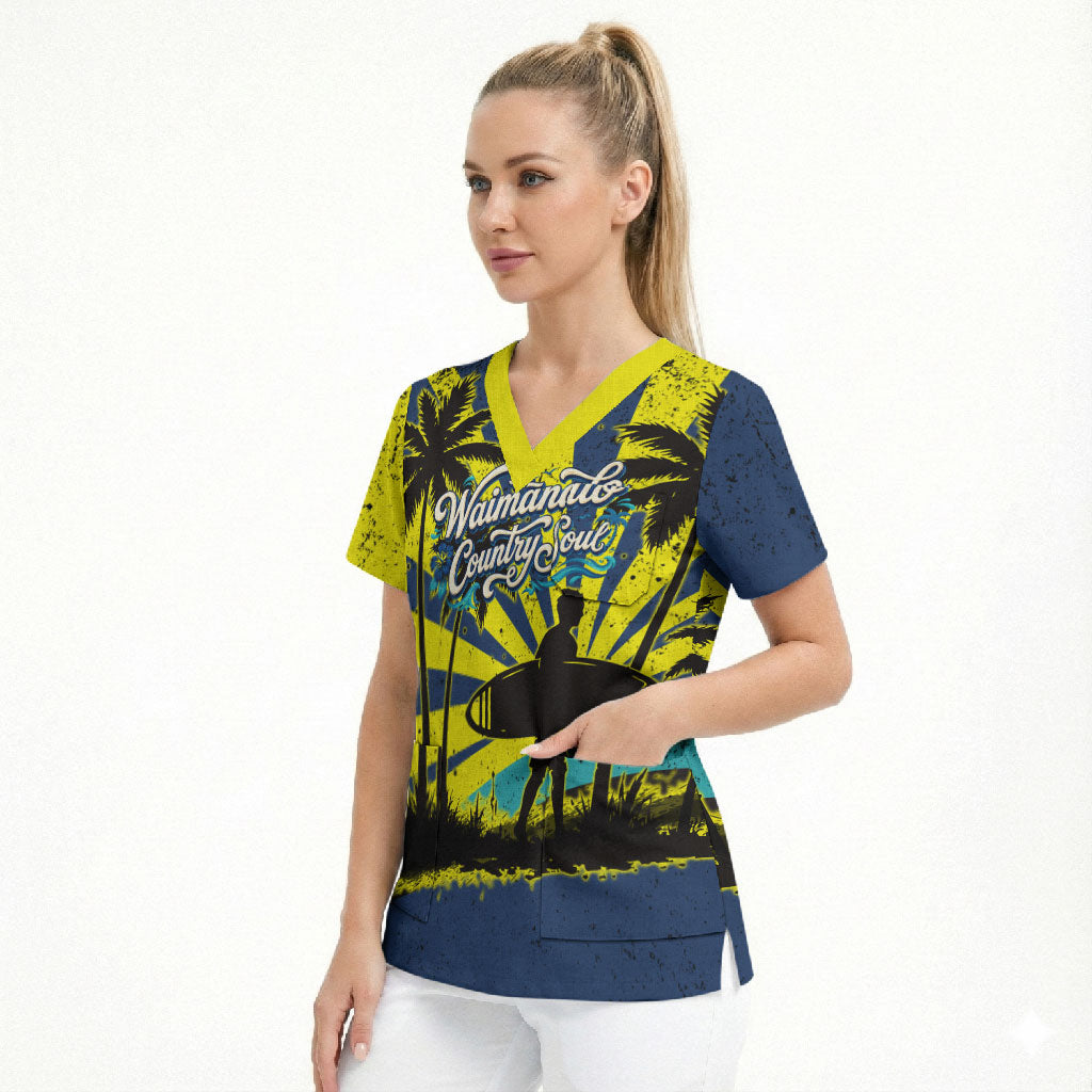 Waimanalo Oahu Hawaii Surfing Scrub Top Tropical Beach Retro Sunburst Surfboard TS04 - Polynesian Pride