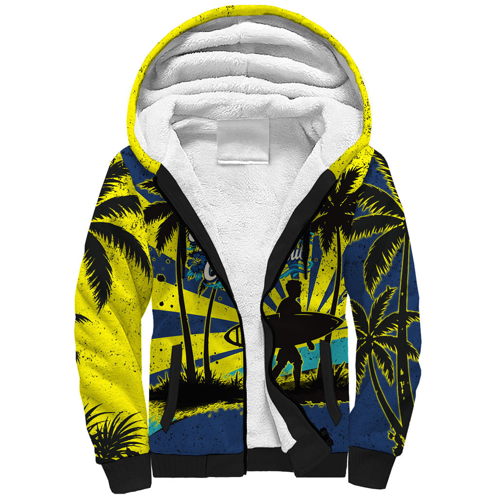 Waimanalo Oahu Hawaii Surfing Sherpa Hoodie Tropical Beach Retro Sunburst Surfboard TS04 Unisex Yellow Blue - Polynesian Pride