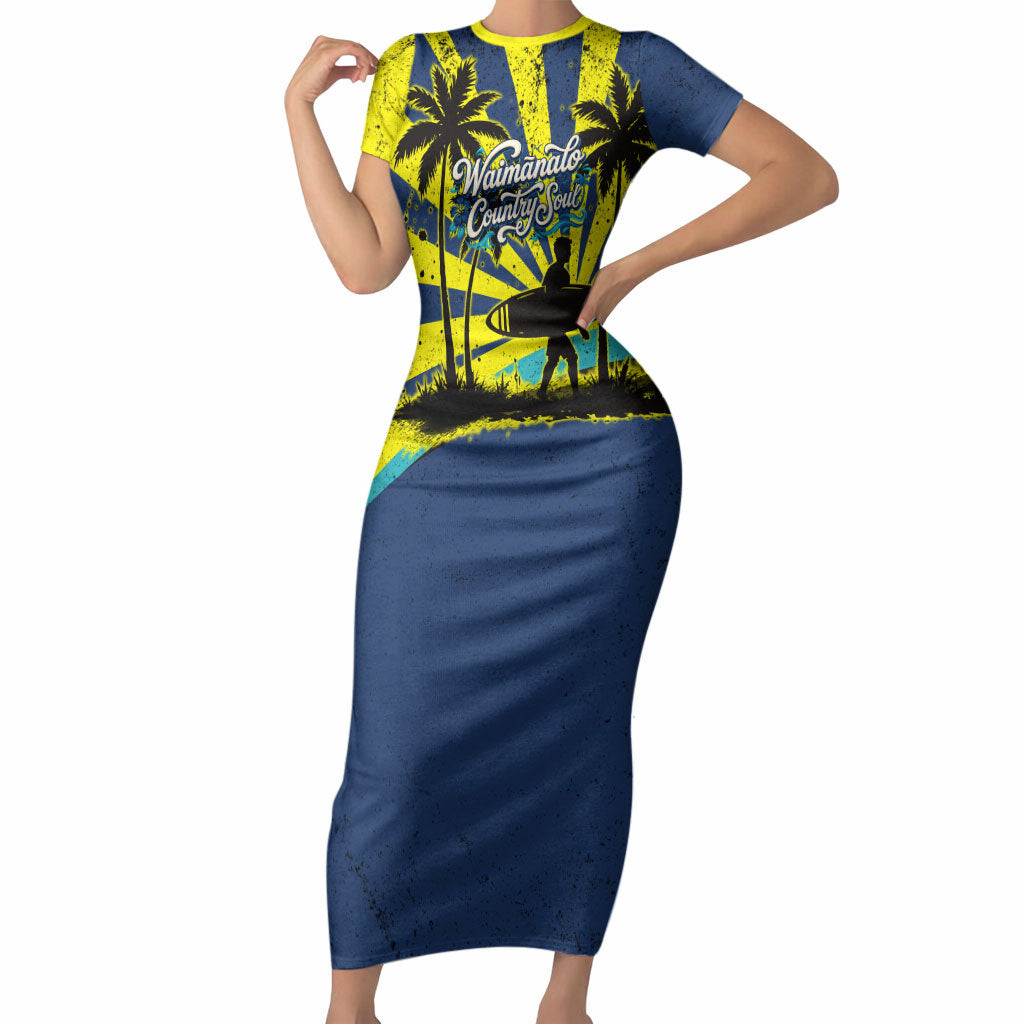 Waimanalo Oahu Hawaii Surfing Short Sleeve Bodycon Dress Tropical Beach Retro Sunburst Surfboard TS04 Long Dress Yellow Blue - Polynesian Pride
