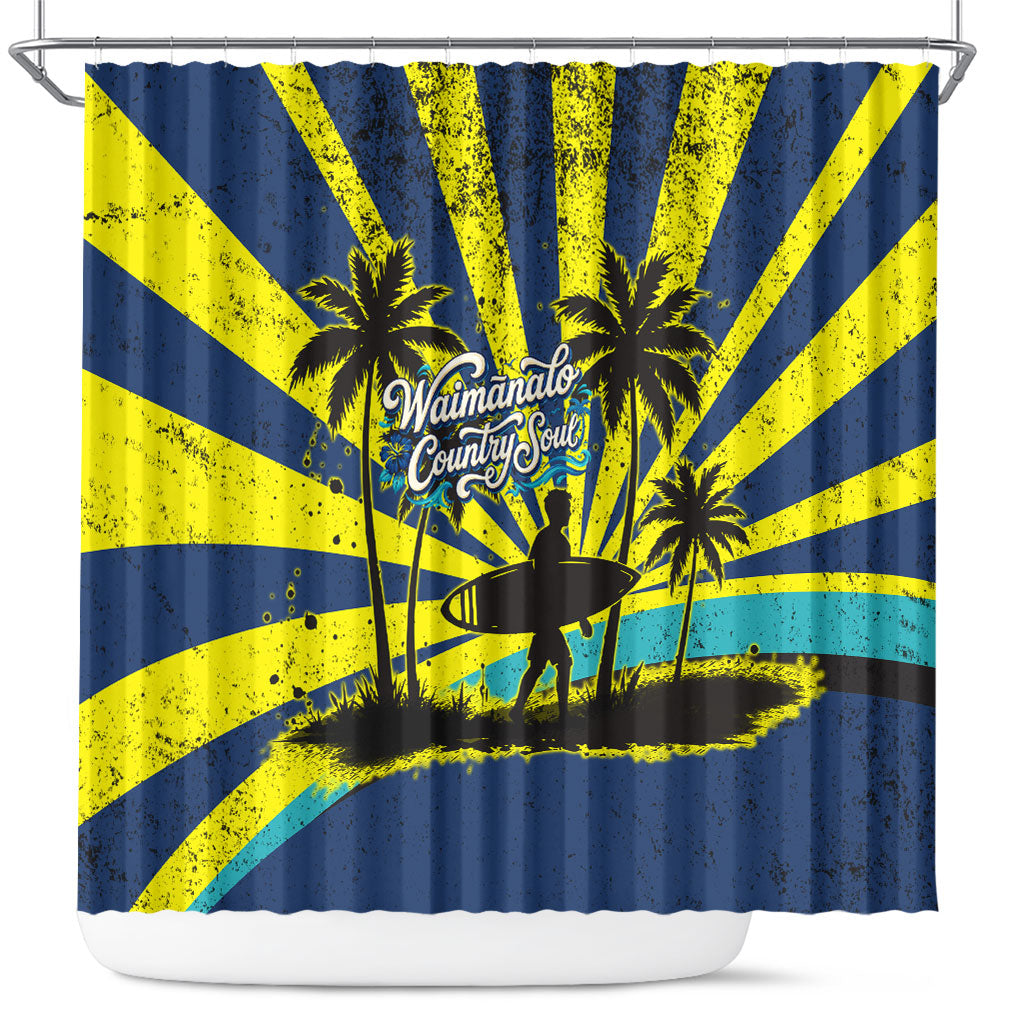 Waimanalo Oahu Hawaii Surfing Shower Curtain Tropical Beach Retro Sunburst Surfboard TS04 Yellow Blue - Polynesian Pride