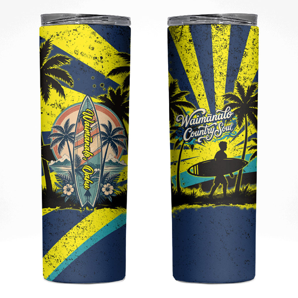 Waimanalo Oahu Hawaii Surfing Skinny Tumbler Tropical Beach Retro Sunburst Surfboard TS04 Yellow Blue - Polynesian Pride