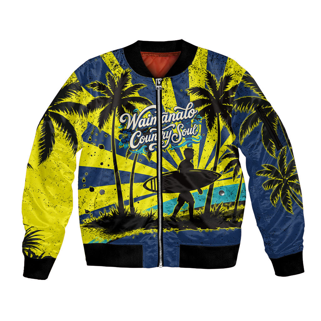 Waimanalo Oahu Hawaii Surfing Sleeve Zip Bomber Jacket Tropical Beach Retro Sunburst Surfboard TS04 Unisex Yellow Blue - Polynesian Pride