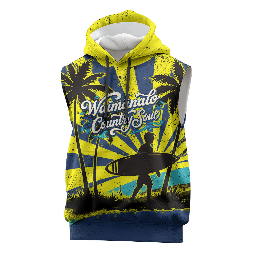 Waimanalo Oahu Hawaii Surfing Sleeveless Hoodie Tropical Beach Retro Sunburst Surfboard TS04 Yellow Blue - Polynesian Pride