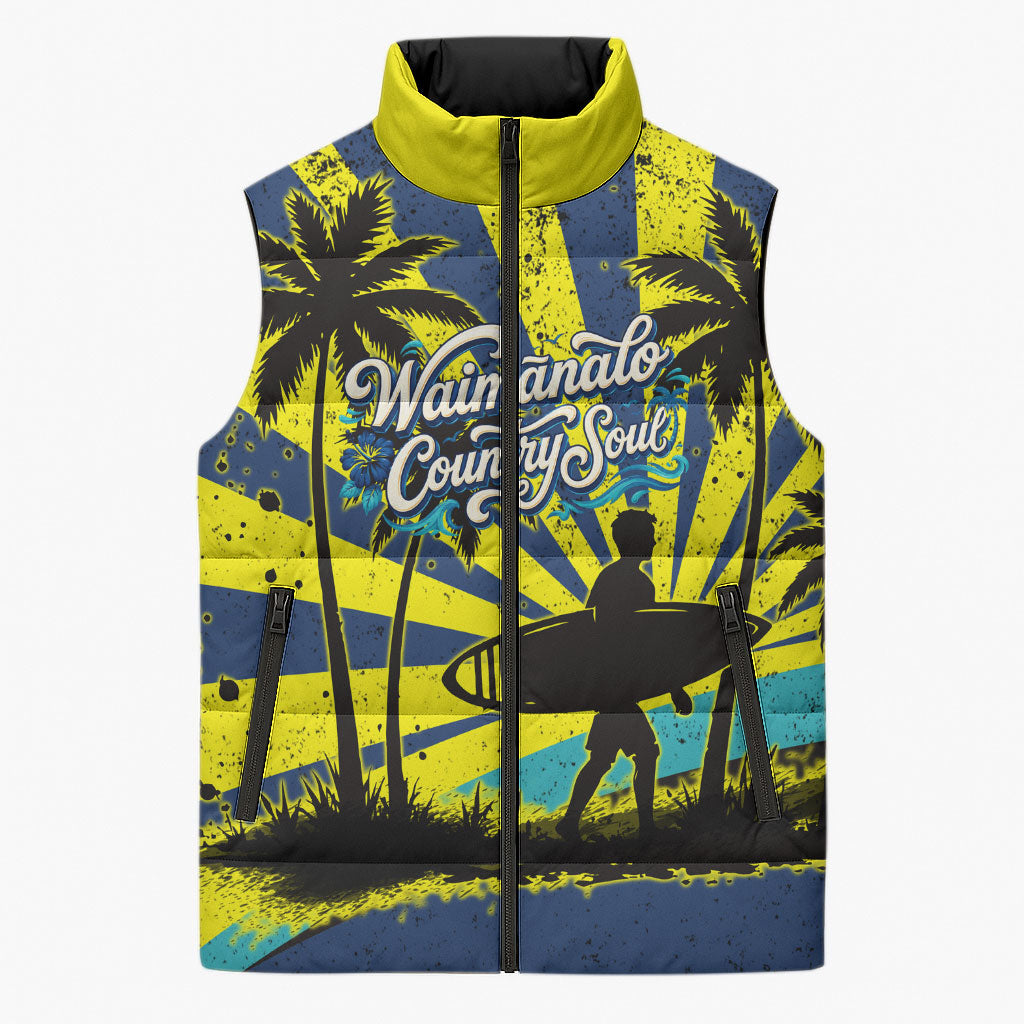 Waimanalo Oahu Hawaii Surfing Sleeveless Puffer Jacket Tropical Beach Retro Sunburst Surfboard TS04 Unisex Yellow Blue - Polynesian Pride